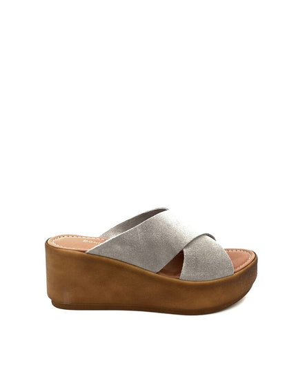 Taupe Suede Platform Wedge Sandals with Criss-Cross Straps