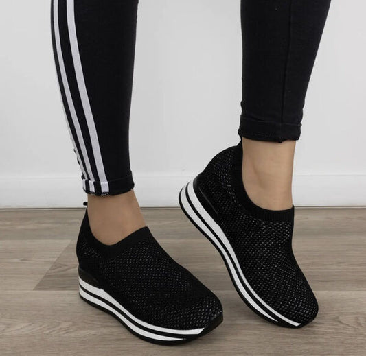 Black Knit Slip-On Sneakers with Stripe Sole