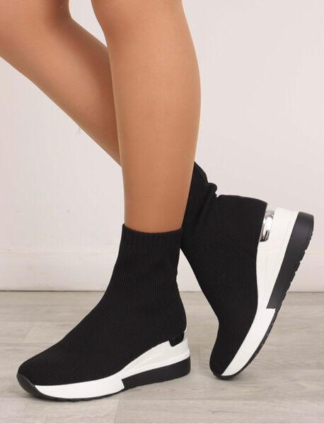Black Knit High-Top Sneakers with Metallic Heel