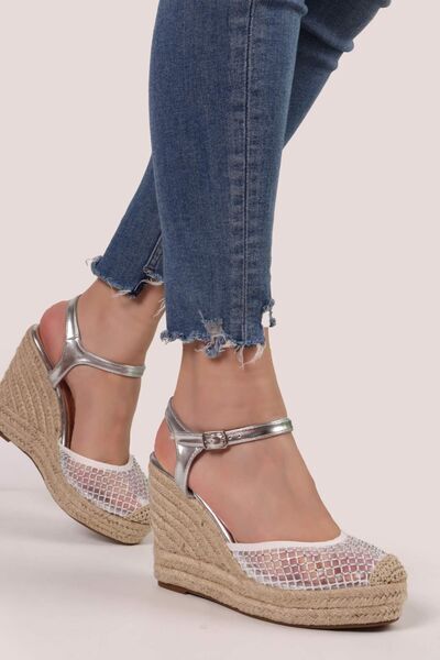 Silver Mesh Wedge Sandals with Ankle Strap