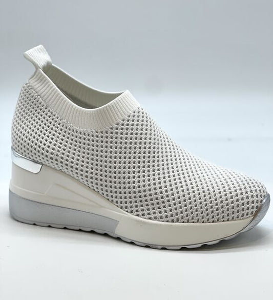 Beige Knit Slip-On Sneakers with Elevated Heel