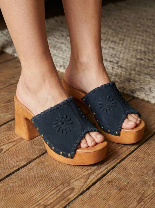 Heeled Mule Open-Toe Suede BLACK