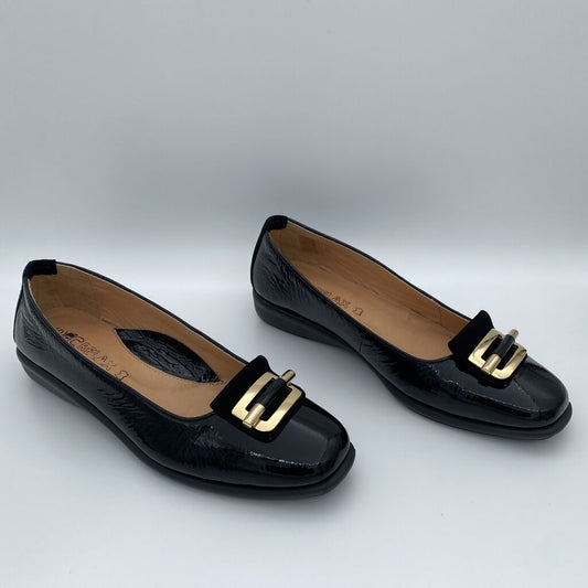 Black Patent Loafers with Gold Buckle Detail