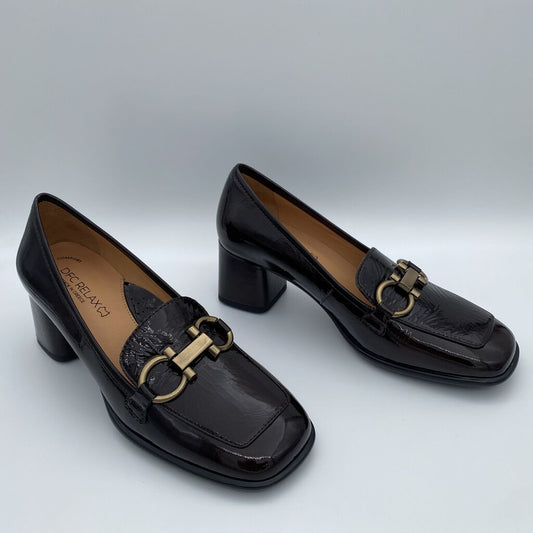 Black Glossy Block Heel Loafers with Metal Accent