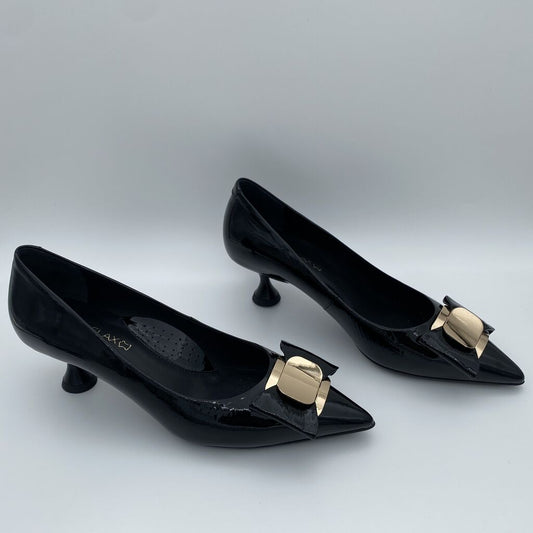 Black Patent Pointed Pumps with Gold Detail
