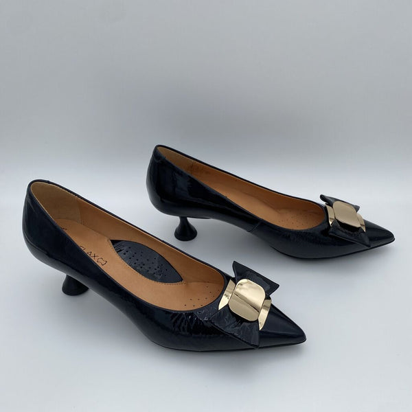 Navy Blue Patent Mid-Heel Pumps with Gold Accent