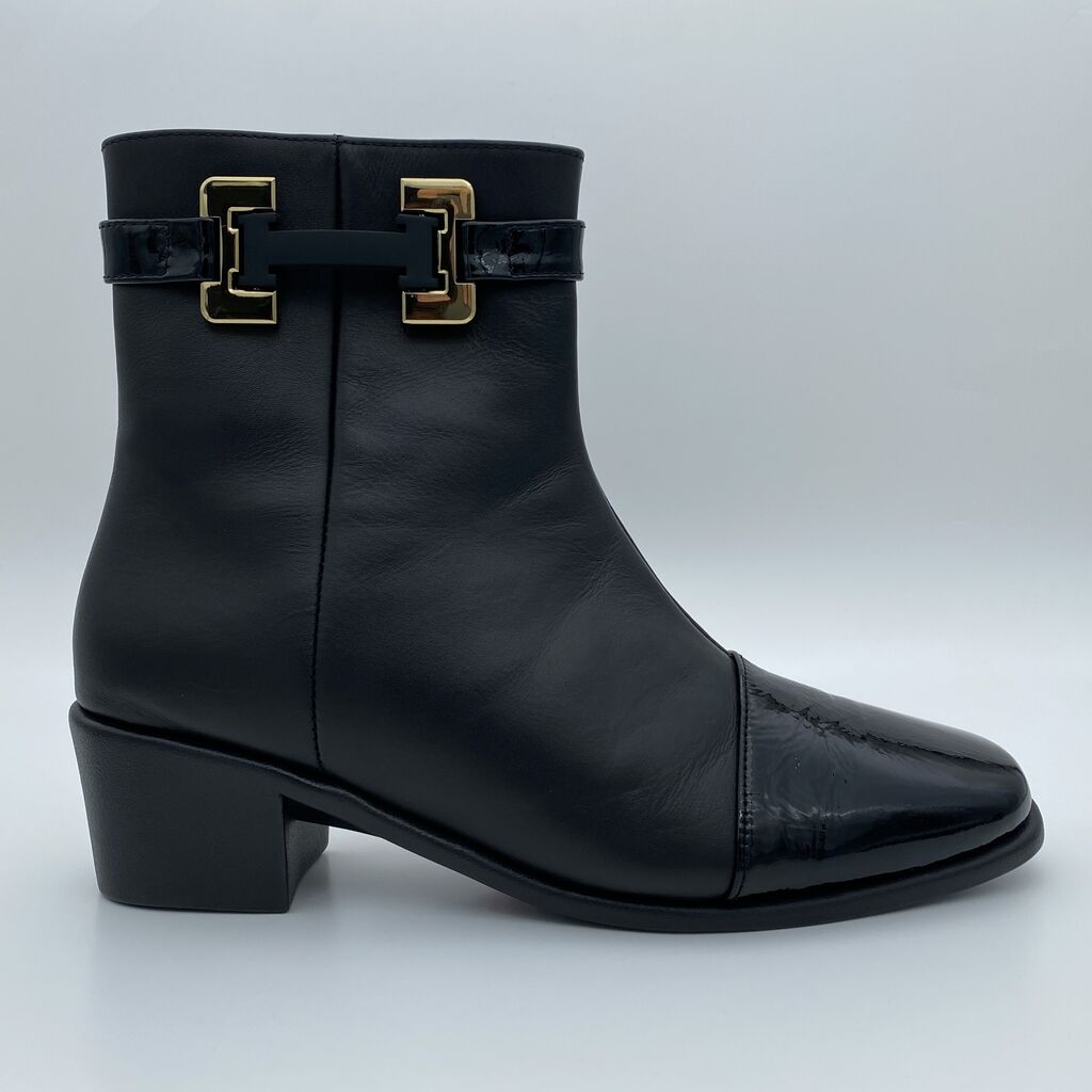 Black Leather Ankle Boot with Gold Buckle Detail