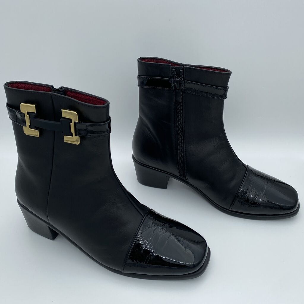 Black Leather Ankle Boot with Gold Buckle Detail