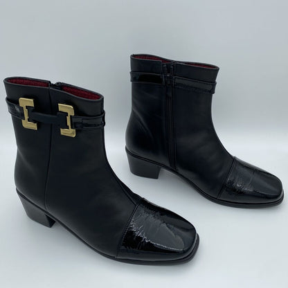 Black Leather Ankle Boot with Gold Buckle Detail