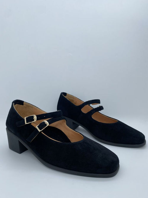 Navy Suede Mary Jane Block Heel Shoes