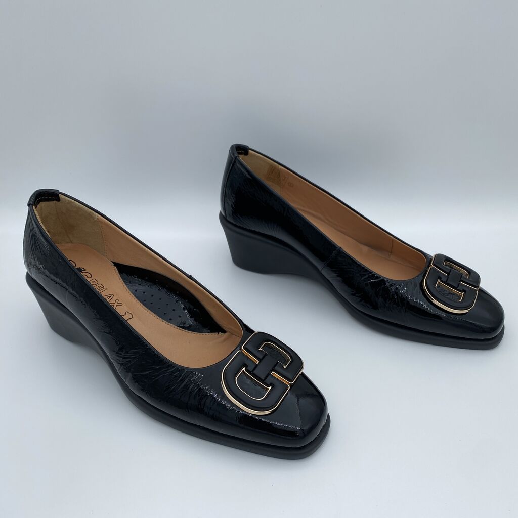 Black Patent Wedge Pumps with Buckle Accent