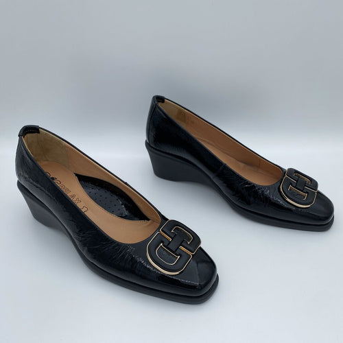 Black Patent Wedge Pumps with Buckle Accent