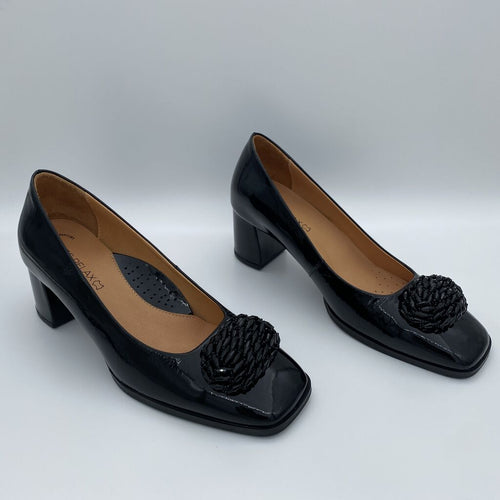 Black Patent Block Heel Shoes with Beaded Detail