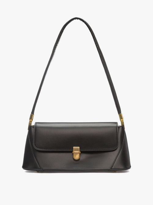 Black Leather Shoulder Bag with Gold Accents