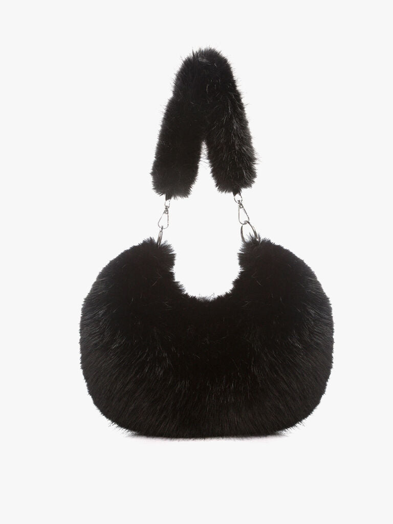 Black Plush Half-Moon Handbag with Detachable Strap