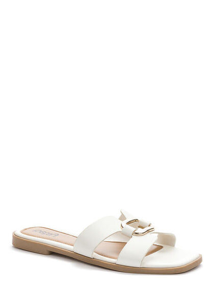 White Slide Sandals with Buckle Detail