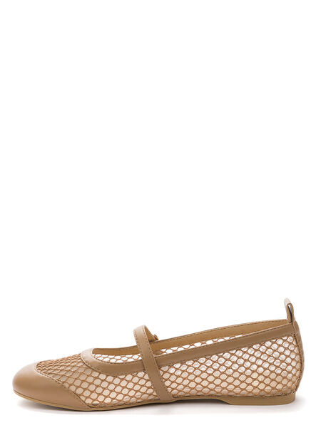 Beige Mesh Ballet Flats with Adjustable Strap