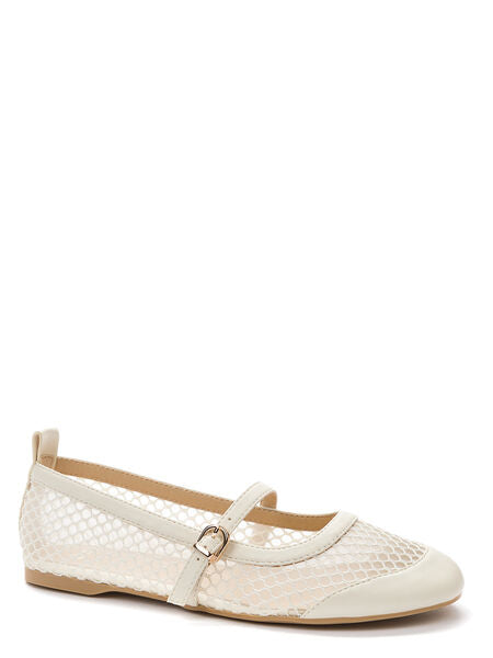 Cream Mesh Ballet Flats with Buckle Strap