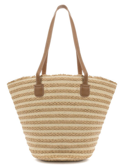 Neutral Woven Tote Bag with Leather Handles