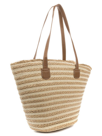 Neutral Woven Tote Bag with Leather Handles