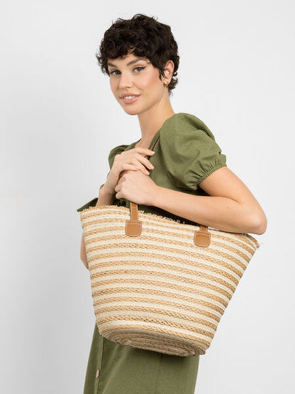 Neutral Woven Tote Bag with Leather Handles