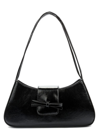 Black Leather Shoulder Bag with Bow Accent