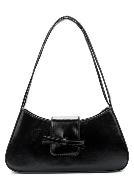 Black Leather Shoulder Bag with Bow Accent