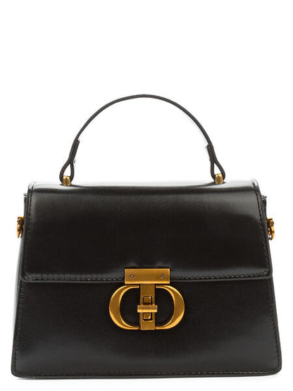 Black Leather Top Handle Bag with Gold Clasp