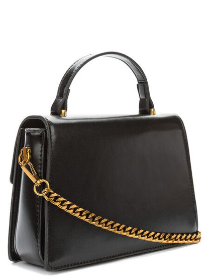 Black Leather Top Handle Bag with Gold Clasp
