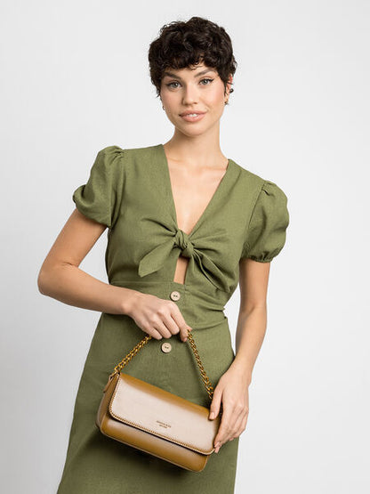 Tan Chain-Embellished Shoulder Bag