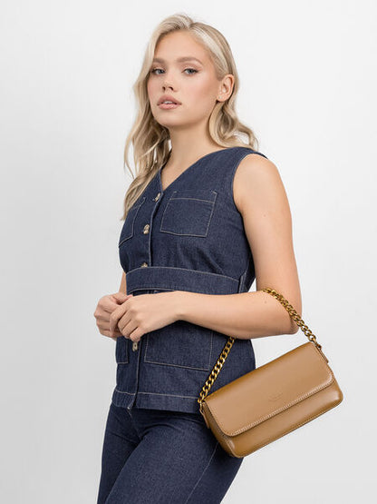 Tan Chain-Embellished Shoulder Bag