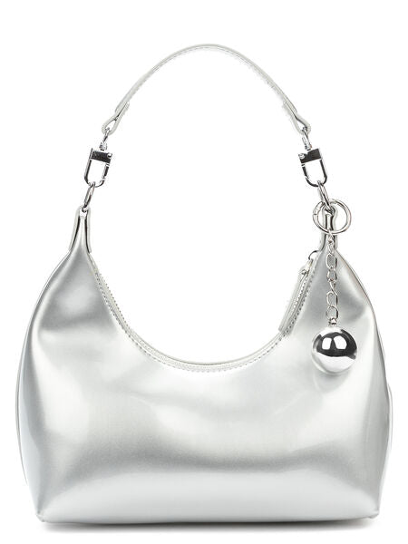 Silver Glossy Hobo Bag with Chain Accent