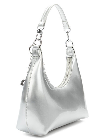 Silver Glossy Hobo Bag with Chain Accent