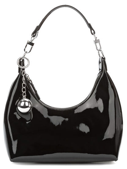Black Patent Shoulder Bag with Silver Charm Accent
