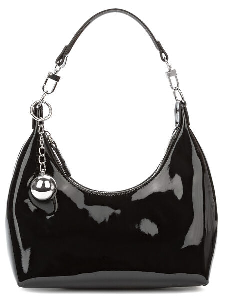 Black Patent Shoulder Bag with Silver Charm Accent
