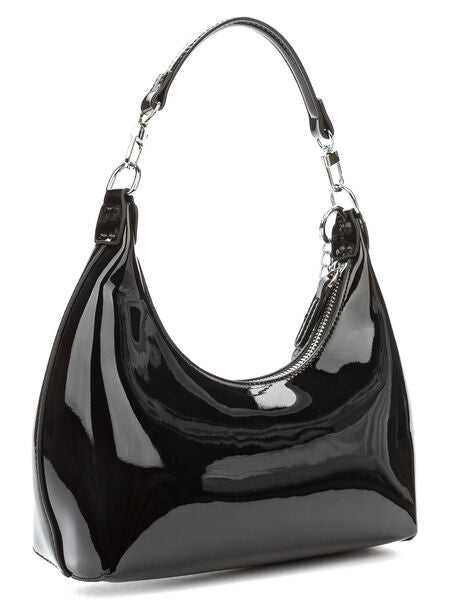 Black Patent Shoulder Bag with Silver Charm Accent