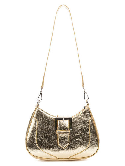 Gold Textured Shoulder Bag with Buckle Detail
