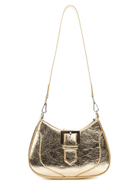 Gold Textured Shoulder Bag with Buckle Detail