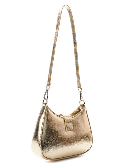 Gold Textured Shoulder Bag with Buckle Detail