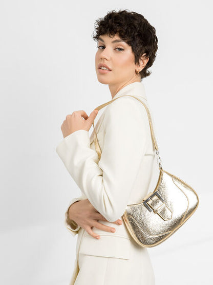 Gold Textured Shoulder Bag with Buckle Detail