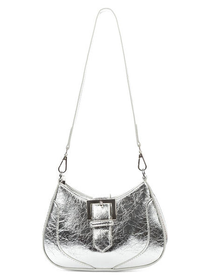 Silver Metallic Saddle Bag with Buckle Accent