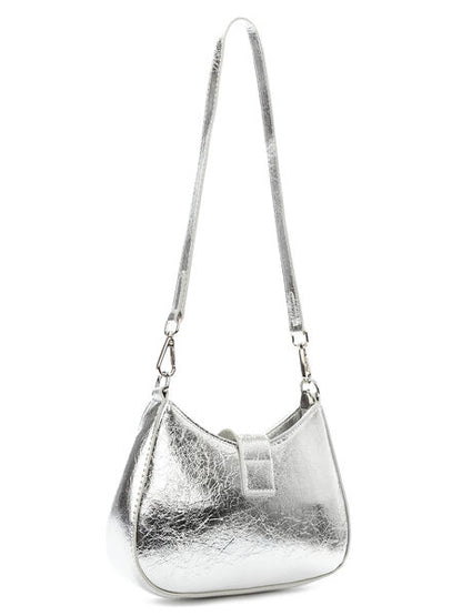 Silver Metallic Saddle Bag with Buckle Accent