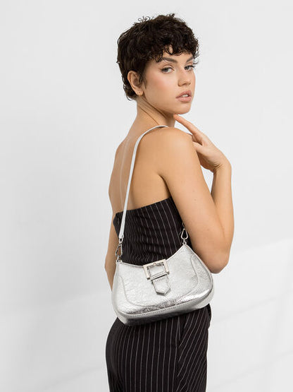 Silver Metallic Saddle Bag with Buckle Accent