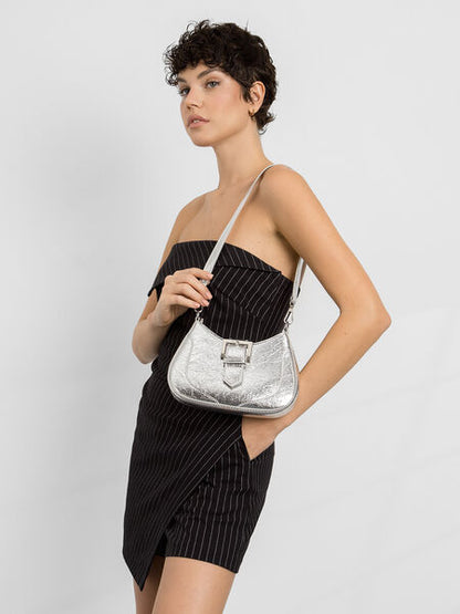 Silver Metallic Saddle Bag with Buckle Accent