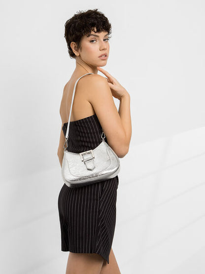 Silver Metallic Saddle Bag with Buckle Accent