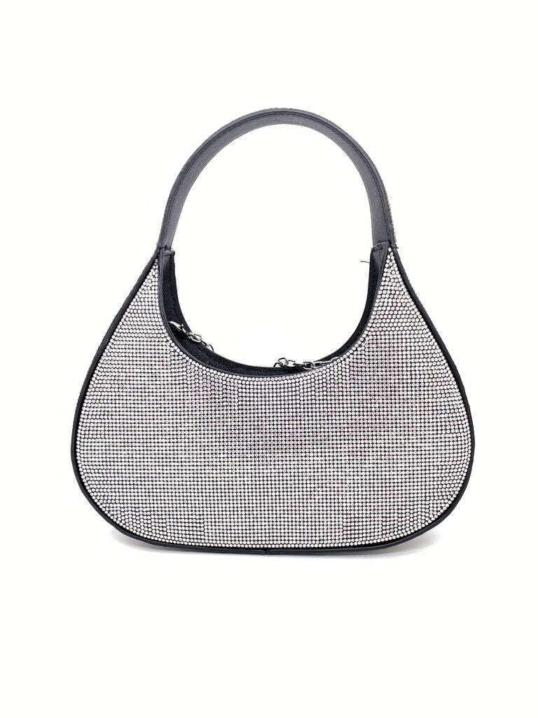 Black Rhinestone Shoulder Bag with Round Handle