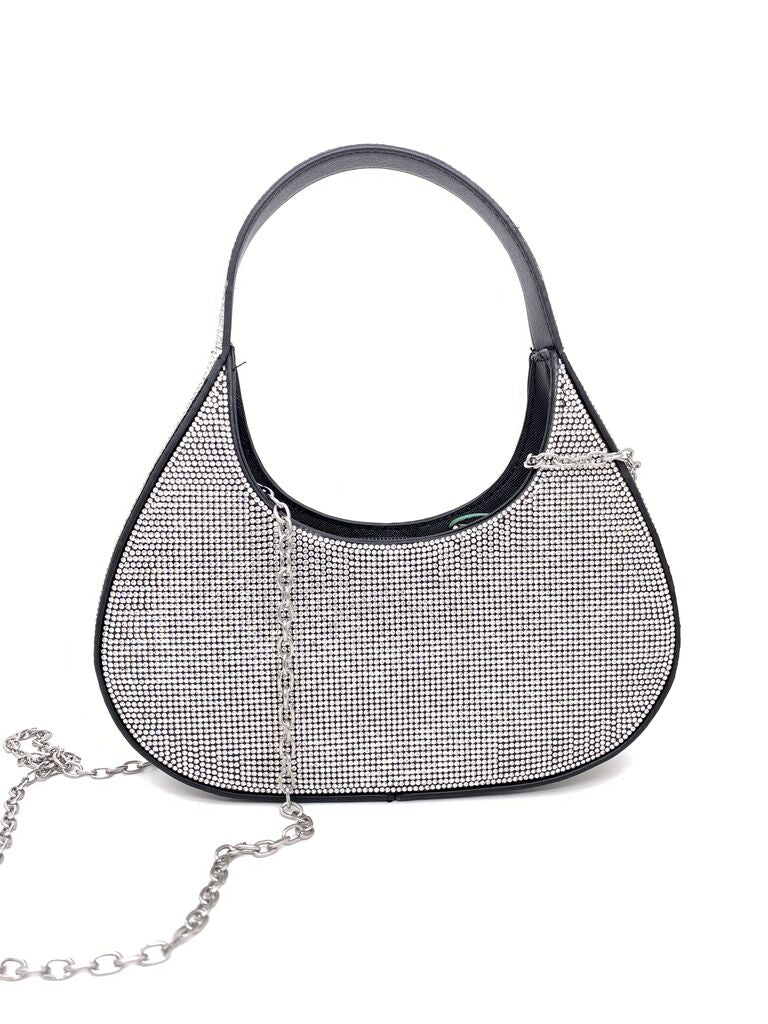 Black Rhinestone Shoulder Bag with Round Handle