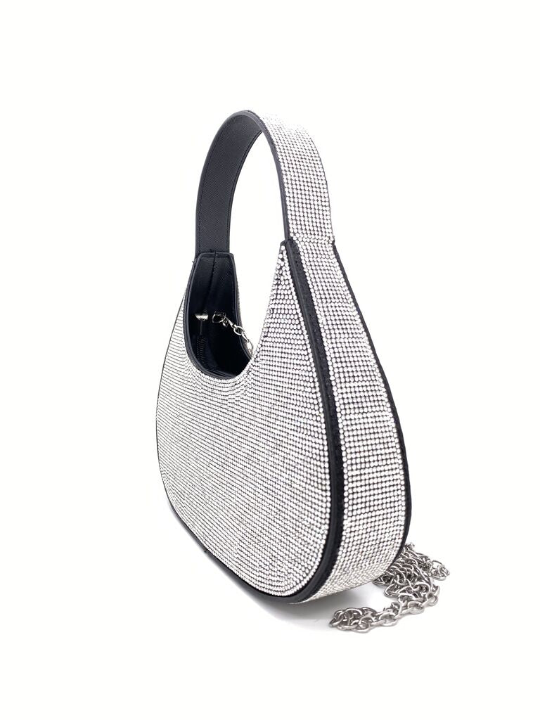 Black Rhinestone Shoulder Bag with Round Handle