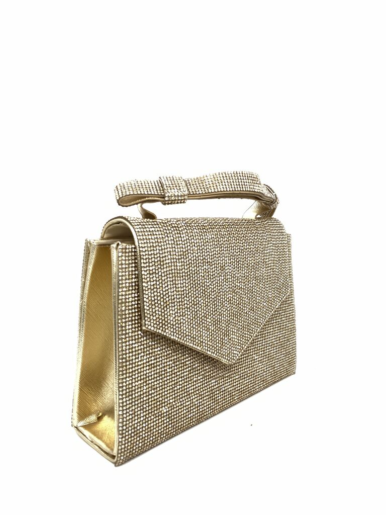Gold Texture Handbag with Embellished Handle