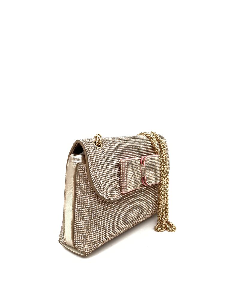 Gold Textured Chain Shoulder Bag with Bow Accent
